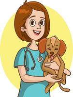 illustratie van een vrouw dierenarts Holding een puppy hond vector