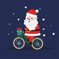 Kerstmis winter illustratie met een aanbiddelijk de kerstman claus karakter leveren een geschenk door fiets vector