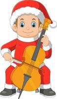 tekenfilm weinig jongen in rood de kerstman kleren spelen cello vector