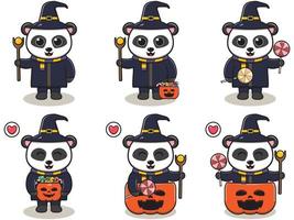 panda halloween set tovenaar vector