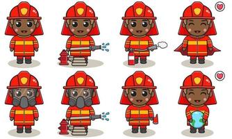 jongen brandweerman tekenfilm set vector