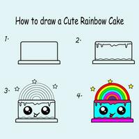 stap door stap naar trek een schattig regenboog taart. tekening zelfstudie een schattig regenboog taart. tekening les voor kinderen. vector illustratie