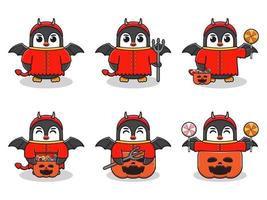 pinguïn halloween set duivel vector