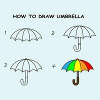 stap door stap naar trek paraplu. tekening zelfstudie paraplu. tekening les voor kinderen. vector illustratie