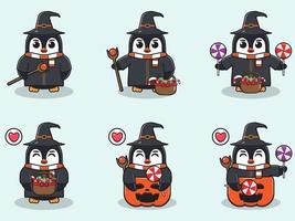 pinguïn halloween set tovenaar vector