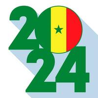 gelukkig nieuw jaar 2024, lang schaduw banier met Senegal vlag binnen. vector illustratie.