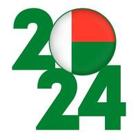 gelukkig nieuw jaar 2024 banier met Madagascar vlag binnen. vector illustratie.