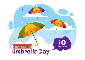 nationaal paraplu dag vector illustratie Aan 10 februari met paraplu's Bij regenachtig weer of moesson seizoen in vlak tekenfilm achtergrond ontwerp