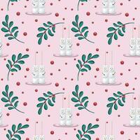 naadloos patroon Aan een roze achtergrond met marshmallows, groen bladeren en rood bessen. vector