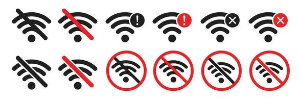 Nee Wifi signaal vector icoon reeks in zwart en rood kleur. internet onderhoud verbod icoon. netwerk verbinding fout teken. verbinding verloren symbool.