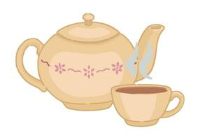 tekening van thee mok en theepot. tekenfilm clip art van schattig drank werktuig. hedendaags vector illustratie geïsoleerd Aan wit achtergrond.