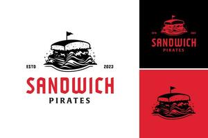 een zwart en wit logo voor belegd broodje piraten is een minimalistisch, monochroom logo ontwerp perfect voor ondernemingen verwant naar boterhammen of voedsel vrachtwagens met een piraat thema. vector