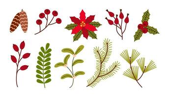 reeks van rood Kerstmis decoraties en ballen. Kerstmis vakantie concept. vlak vector illustratie Aan wit achtergrond.