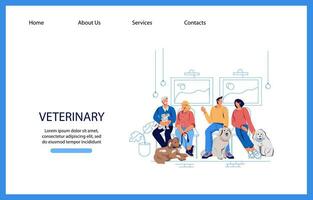 veterinair kliniek website banier sjabloon met mensen en huisdieren tekenfilm karakters, vlak vector illustratie. dierenarts dokter Diensten reclame webpagina model.