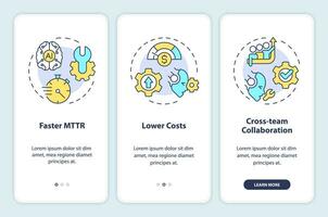 2d pictogrammen vertegenwoordigen ai ops mobiel app scherm set. walkthrough 3 stappen kleurrijk grafisch instructies met dun lijn pictogrammen concept, ui, ux, gui sjabloon. vector