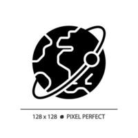 baan pixel perfect zwart glyph icoon. satelliet volgen. planetair beweging. aarde planeet. zonne- systeem. wereldbol wereld. silhouet symbool Aan wit ruimte. solide pictogram. vector geïsoleerd illustratie