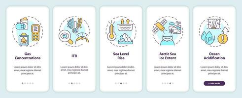 2d pictogrammen vertegenwoordigen klimaat statistieken mobiel app scherm set. walkthrough 5 stappen veelkleurig grafisch instructies met dun lijn pictogrammen concept, ui, ux, gui sjabloon. vector