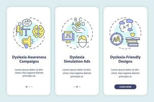 2d kleurrijk pictogrammen vertegenwoordigen dyslexie mobiel app scherm set. walkthrough 3 stappen grafisch instructies met dun lijn pictogrammen concept, ui, ux, gui sjabloon. vector