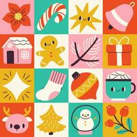 vrolijk Kerstmis en gelukkig nieuw jaar meetkundig patroon voor groet kaarten, affiches, inpakken, pak papier. modern Kerstmis ontwerp in groente, rood, goud, wit kleuren. Kerstmis boom, ballen, sterren. vector