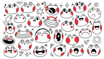 schattig kikker tekening set. tekenfilm kikker stickers emoticons met verschillend emoties. zwart en rood kikker. vector illustratie. 1 pak.
