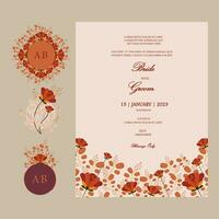 vector overladen bruiloft uitnodiging kaart met omhullen stickers. bloemen ronde stickers, etiketten, labels, monogram met een bruiloft kaart sjabloon in vallen kleuren met plaats voor teksten