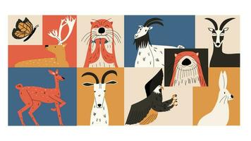 wild dieren set. biodiversiteit concept. Otter, haas, wild geiten, kaal adelaar, hert. hand- trek vector illustratie