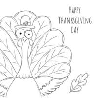 gelukkig dankzegging dag groet kaart. schattig grappig kalkoen in pelgrim hoed versierd met herfst bladeren met mooi staart. gemakkelijk vector illustratie in tekening stijl