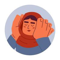 moslim hijab dame handen Aan wangen glimlachen 2d vector avatar illustratie. Arabisch volwassen vrouw cupping gezicht gelukkig tekenfilm karakter gezicht portret. in liefde vlak kleur gebruiker profiel beeld geïsoleerd Aan wit