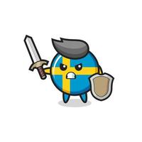 schattige zweedse vlag badge soldaat vechten met zwaard en schild vector
