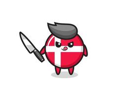 schattige mascotte met de vlag van Denemarken als een psychopaat met een mes vector