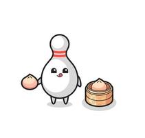 schattig bowlingpin-personage dat gestoomde broodjes eet vector