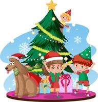 kerstman met gelukkige kinderen en kerstboom vector