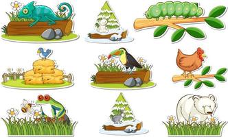 stickerset met verschillende wilde dieren en natuurelementen vector