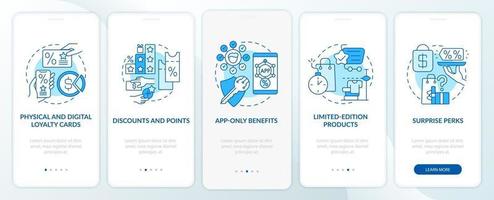 supermarkt loyaliteitsprogramma blauw onboarding mobiele app paginascherm vector