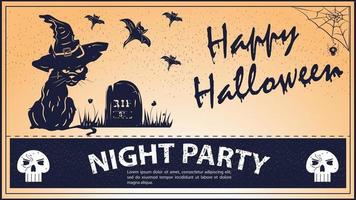 vintage uitnodiging voor de halloween-feestkat in een heks vector