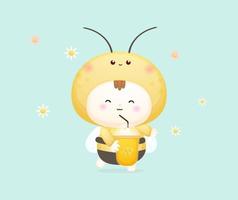 schattige gelukkige baby in bijenkostuum die honingbij vasthoudt en drinkt. vector
