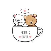 schattige beer paar in een koffiekopje cartoon doodle kaart pictogram illustratie vector