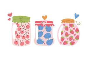 schattige handgetekende potten met jam en liefde. vlakke afbeelding. vector