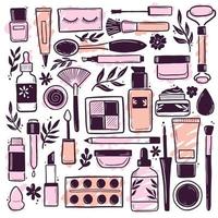 handgetekende set make-up schoonheid cosmetische elementen vector