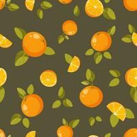 naadloos patroon, geheel sinaasappelen, helften en oranje plakjes, met groen bladeren Aan een donker achtergrond. abstract fruit achtergrond. ideaal voor textiel productie, behang, affiches, enz. vector illustratie