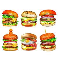 reeks met hand- getrokken hamburgers, waterverf voedsel illustratie. vector