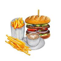 vers smakelijk hamburger met Frans Patat en koffie. waterverf illustratie vector