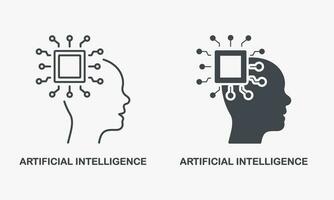 ai in menselijk hersenen pictogram. digitaal technologie en machine aan het leren symbool verzameling. kunstmatig intelligentie- silhouet en lijn icoon set. geïsoleerd vector illustratie.