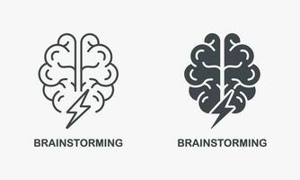 brainstorm silhouet en lijn icoon set. denken over creatief idee symbool verzameling. menselijk hersenen met bliksem, intellectueel werkwijze brainstorming concept pictogram. geïsoleerd vector illustratie.