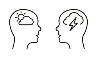 positief en negatief denken lijn icoon set. menselijk hoofd met verdrietig en mooi zo humeur pictogram. mentaal Gezondheid, geest probleem schets teken. gezond geest symbool. bewerkbare hartinfarct. geïsoleerd vector illustratie.