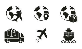 vlak, vrachtwagen, schip voor Internationale levering onderhoud silhouet icoon set. Verzending vervoer glyph pictogram. lading Verzending solide teken. globaal exporteren symbool verzameling. geïsoleerd vector illustratie.