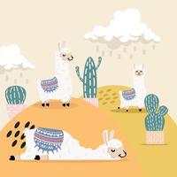 schattige lama en alpaca met cactus vector