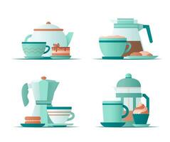 verschillend kopjes, koffie waterkokers en zoet nagerecht. mok thee koffie, Frans druk op, geiser koffie maker nemen weg heet drankjes. vlak vector illustratie.