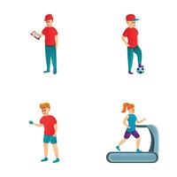 training pictogrammen reeks tekenfilm vector. Mens en vrouw spelen sport met trainer vector