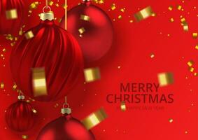 Kerstmis achtergrond rood Kerstmis bal in realistisch stijl Aan rood achtergrond. goud realistisch serpentijn. vector illustratie.